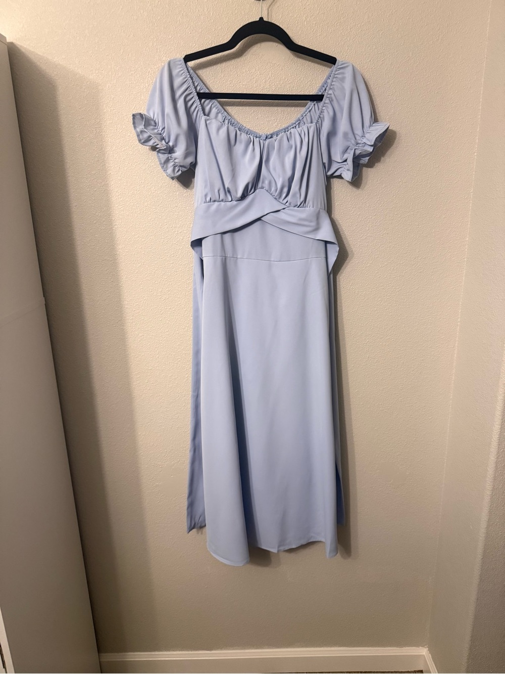 Light Blue Puff-Sleeve Midi Dress with Square Neckline